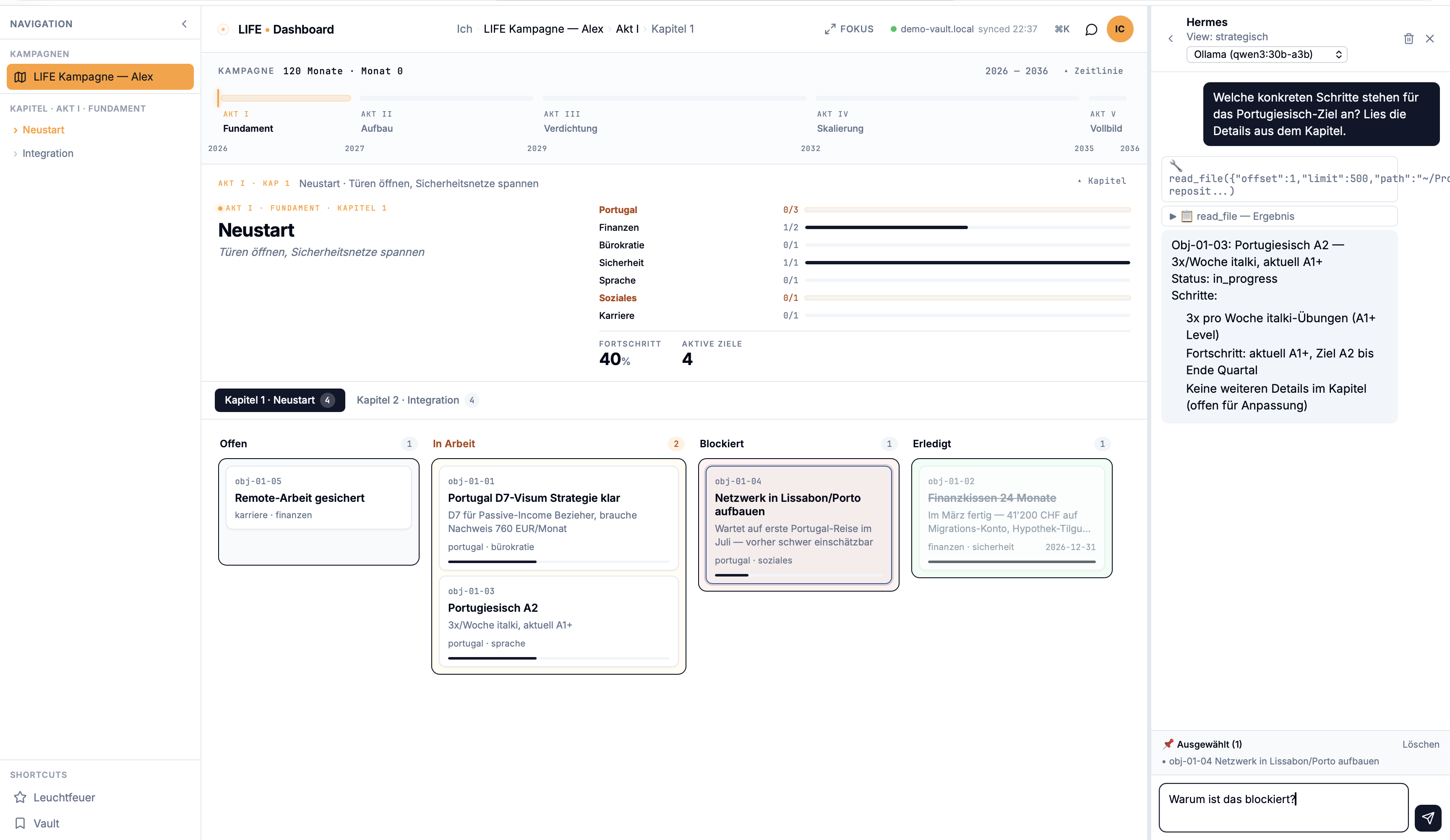 Folio dashboard — campaign timeline, kanban, and Hermes chat panel