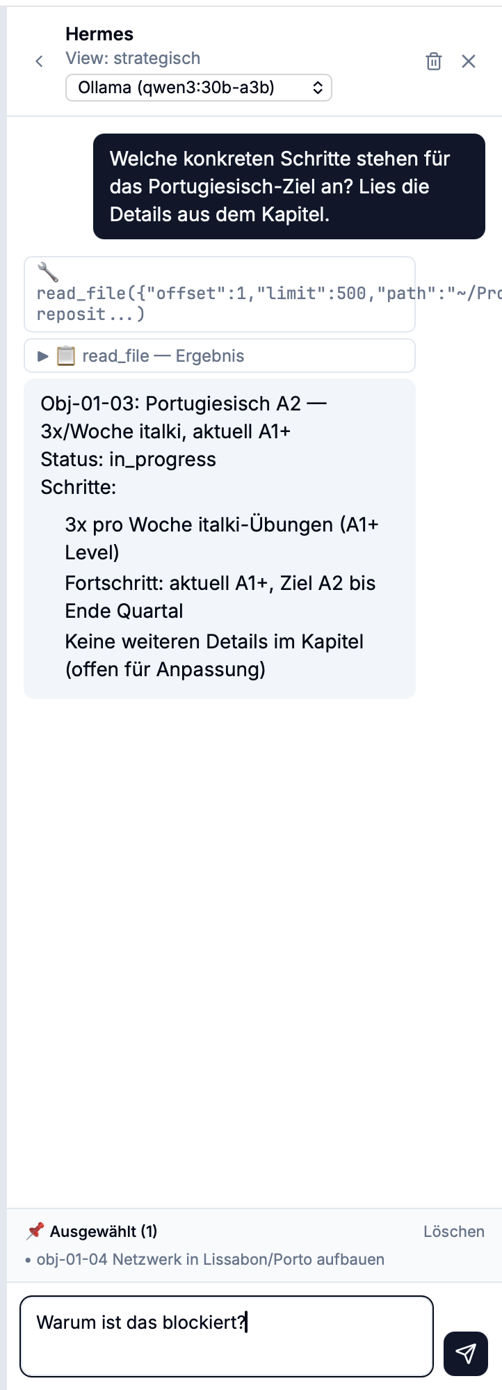 Hermes chat panel reading vault files via tool calls