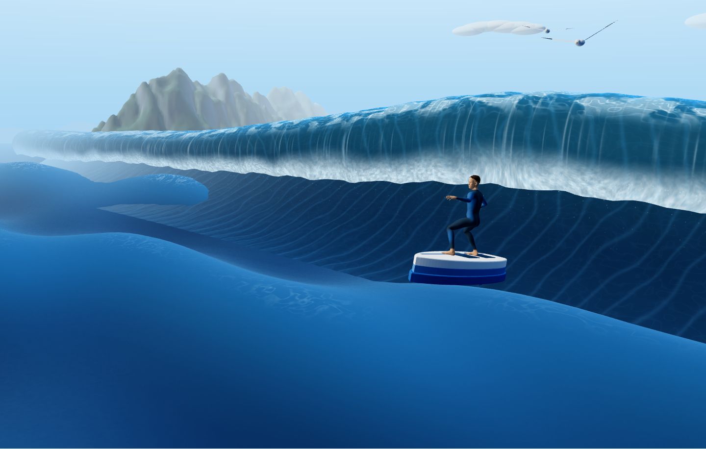 Illustration of a blue wave and a surfboard