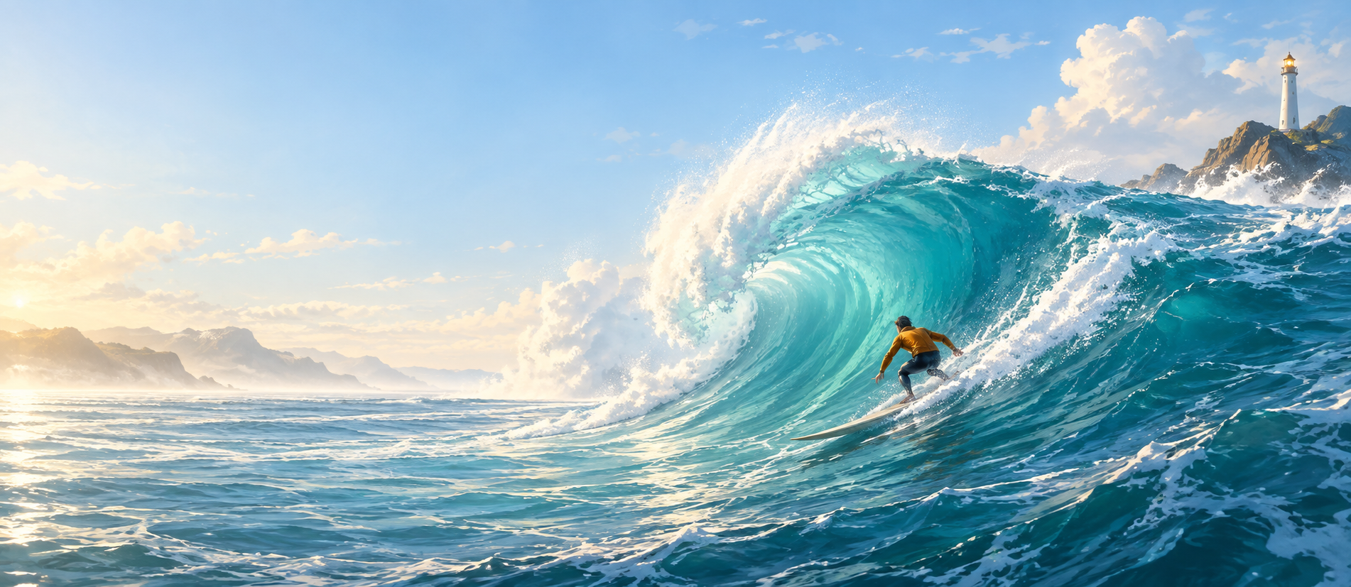 A surfer riding a blue wave