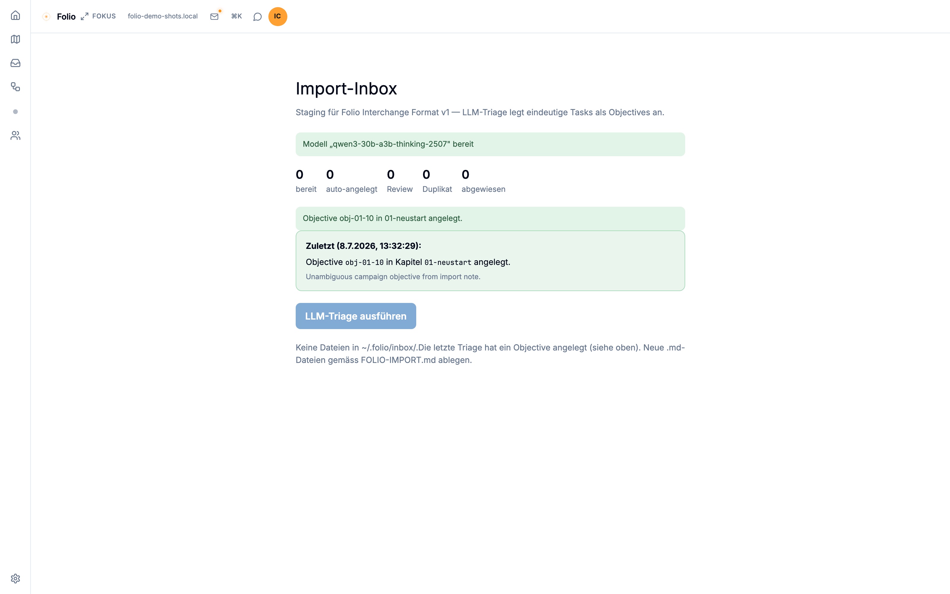 Import inbox with triage verdict and auto-objective result